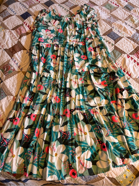 THML Dresses & Skirts - THML Teal Floral Tiered Midi Dress with Coral Accents
